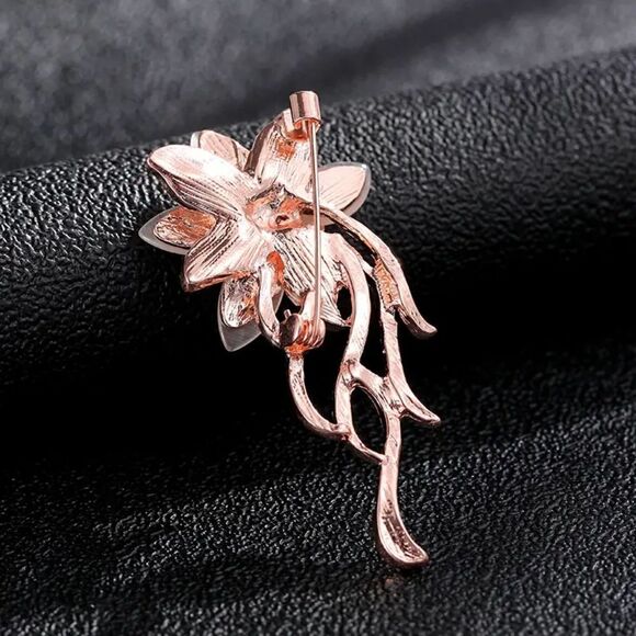 New - Rose Gold and Rhinestone Orchid Brooch - Picture 7 of 7